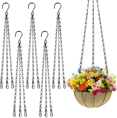 5 Pack Hanging Basket Chains, 16 Heavy Duty Metal Hanging Basket Chains 3 Point, Adjustable Chains for Hanging Baskets with 3 Clip Hooks, Super Load-Bearing, No Rust for Years of Use (Black)