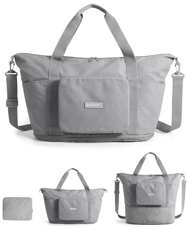 BAGSMART Faltbare Reisetasche Damen, 37L Handgepäck Tasche Sporttasche | Travel Bag Duffle Bag, Weekender Wickeltasche Trainingstasche, Handtasche für Sport & Reisen, Grau