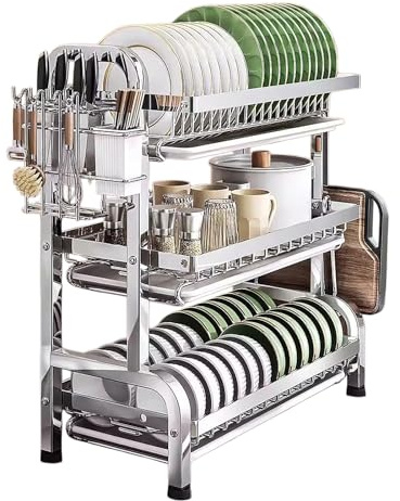 Escurreplatos de 3 Niveles en Acero Inoxidable 304 - Grande Escurridor de Platos para Encimera con Bandeja Raccogligocce - con Porta Cubiertos y Soporte para Tabla de Cortar(33 * 24 * 60cm)