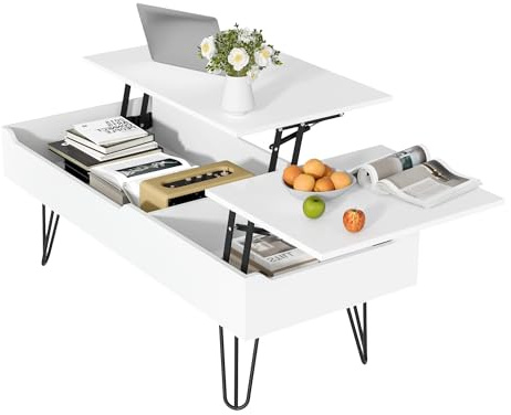 Klappbarer Couchtisch, Höhenverstellbar, mit Doppelter Liftplatte, Stabilen Faltbarer Sofatisch, Platzsparend, Großer Stauraum, Multifunktionaler Wohnzimmertisch für Wohnzimmer und Büro, Weiß