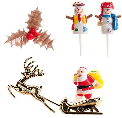 dekora 302047 Kit of Cake Decoration with Holly Snowman and Santa Figures for Christmas Cake Decoration, Multi-Colour