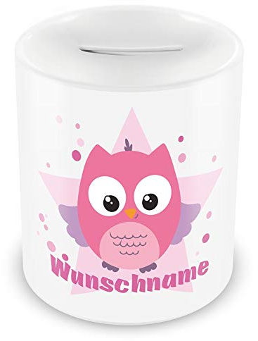 Samunshi® Kinder Spardose mit Namen und Rosa Eule als Motiv für Kinder - Jungen und Mädchen Sparschwein weiß