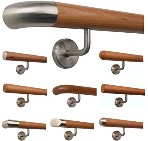 TIBU Kirschbaum Holz Handlauf Geländer 0,3m - 5m, Länge 160 cm, Ende Edelstahlbogen und 3 gewinkelte Halter