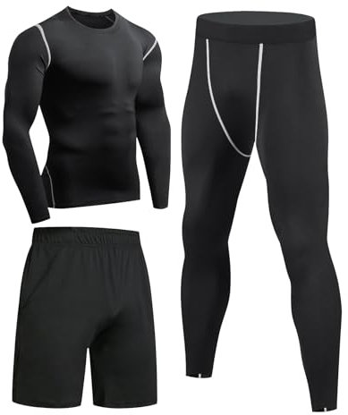 Niksa Sportbekleidung Herren Fitness Bekleidung Trainingsanzug 3pcs Set Fit elastische Sportwear Fitness Kompressionsshirt Langarmshirt Sporthose Leggings (Größe S Bust =86, Long Sleeve(163515)*D)