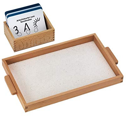 Montessori Sandmalen-Set inkl. Holztablett, Sand und großer Lernkartei mit 100 Karten, Lerntablett ab dem Kindergarten
