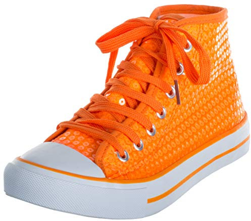 Brandsseller Damen Sneaker mit Pailletten und Glitzer - halbhoch mit Schnürsenkeln modisch bequem für Alltag & Party – Orange