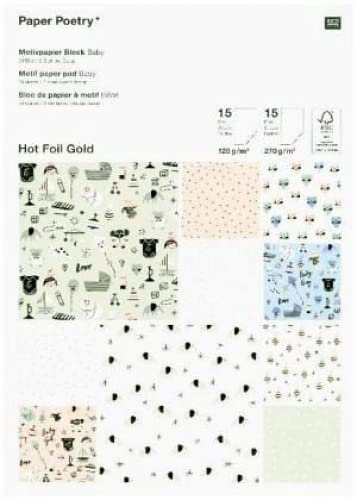 Rico Design Motivpapier Block, Baby: Hot Foil Gold, 30 Blätter, 120 g/m² und 270 g/m², Metallic Gold, für Crafting, Scrapbooking, Card Making, Promotional Materials