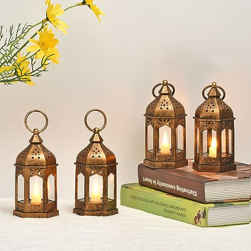 QHYK Linternas decorativas, 4 piezas, linternas de decoración con velas LED, plástico - color cobre, para decoración de interiores, al aire libre, decoración de jardín, camping, regalo