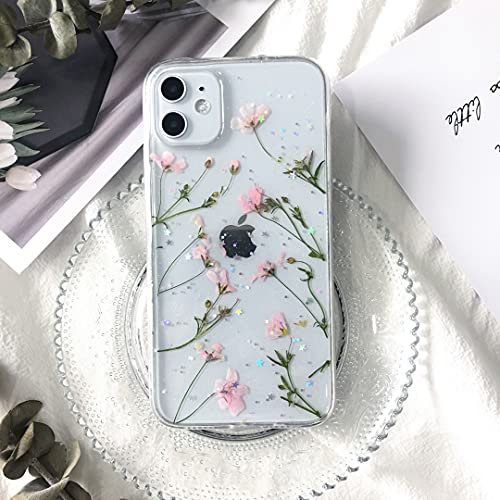 Tybiky - Custodia per Apple iPhone 11, trasparente, con veri fiori secchi e cristalli, realizzata a mano, narciso rosa