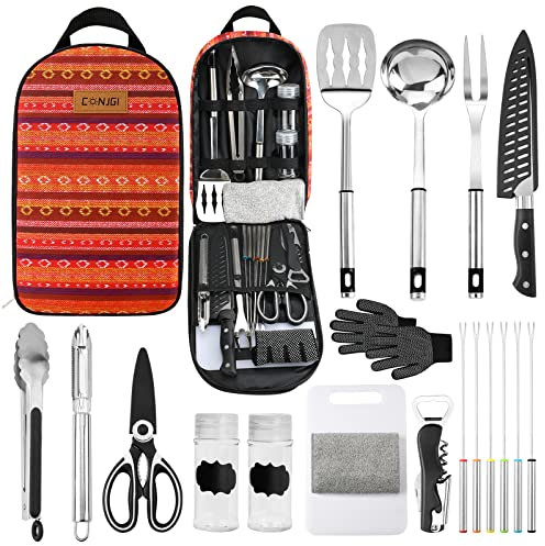 CONJGI Tragbares Camping-Kochutensilien-Set – 19-teiliges Outdoor-Camping-Kochgeschirr-Set mit Tragetasche, Camping-Küchen-Set für Grills, Hinterhöfe, Wohnmobil-Reisen und offenes Abendessen (Bohemia)