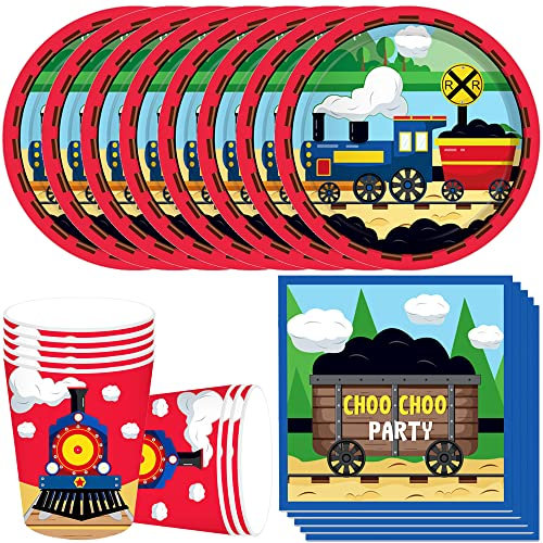 MEZHEN Zug Partygeschirr Train Kindergeburtstag Deko Zug Geburtstag Party Geschirr Auto Pappteller Becher Servietten Partygeschirr Tischdeko
