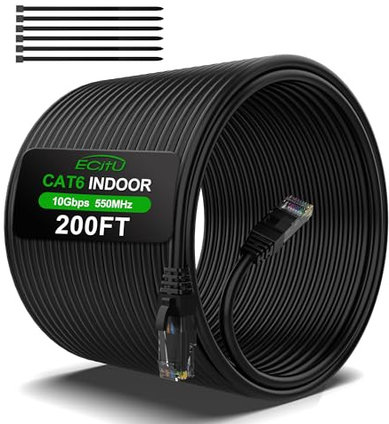 Câble Ethernet Cat6 de 60 m, câble de raccordement Cat6, câble réseau UTP, intérieur et extérieur, PoE, 24 AWG CCA, compatible avec PC, ordinateur portable, routeur, commutateur, serveur, avec 25