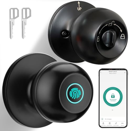 JO.KO Fingerprint Door Lock, Biometric Door Lock with App Control & Key, Smart Door Lock for Bedroom, Entry Door, Keyless Finger Print Door Knob with Thumb Print Black