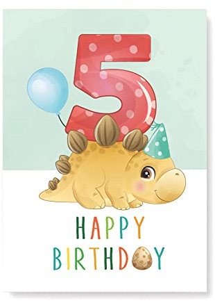 Friendly Fox Geburtstagskarte für Kinder 5. Geburtstag, 1x DIN A5 Dino Glückwunschkarte zum Kinder Geburtstag, Happy Birthday Karte mit Umschlag
