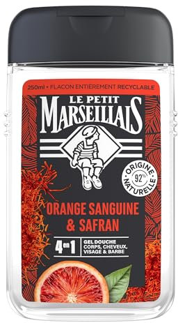Le Petit Marseillais - Gel Douche Homme Orange Sanguine & Safran (flacon de 250 ml) – Formule 4 en 1 corps, cheveux, visage & barbe – 92 % d'ingrédients d'origine naturelle et pH neutre