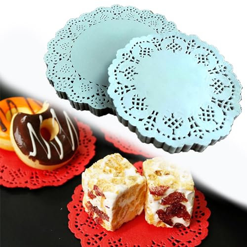 DXIA 100 Stück Blau Spitze Papier, Rund Papierdeckchen, Tortenspitze Papier, 3.5 Zoll, Tortenspitze Kuchen,Kuchen Verpackung Pads für Hochzeiten,Geschirrdekoration