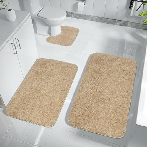 Achiiso Bath Mat,Beige Bathroom Mat Sets 3 Piece, Super Absorbent Thick Toilet Mats Set,Microfiber Bathroom Mats Non Slip Washable(Beige,U40x50cm +50x60cm+50x80cm)