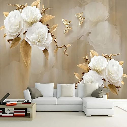 GIVLWF Papier Peint Panoramique de 3D Stéréo Or Brun Rose Fleurs, Fleur De Magnolia Poster Murale Intissé - pour Chambre Salon Décoration Murale - 300 x 210 cm