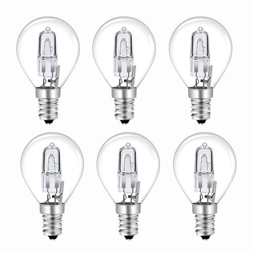 28W E14 Halogen G45 Golf Ball Bulb Dimmable, 370LM Warm White 2700K AC 230V Classic Mini Globe Clear Round Bulb E14 Small Edison Screw Bulb for Chandeliers, Pack of 6
