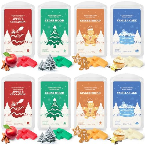 LA BELLEFÉE Weihnachten Duftwachs Sojawachs Duftwachswürfel Raumduft 8 Wax Melts, Christmas Duft Apfel Zimt, Zedernholz, Vanillekuchen, Ingwer-Brot, Geschenk für Weihnachtsdeko, Weihnachten Geschenke