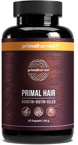 Primal Hair von Primal Harvest – Haarnahrungsergänzungsmittel mit Selen, Zink, Keratin, Biotin, Selen und Vitamin B-Komplex, für Männer und Frauen, 60 Kapseln