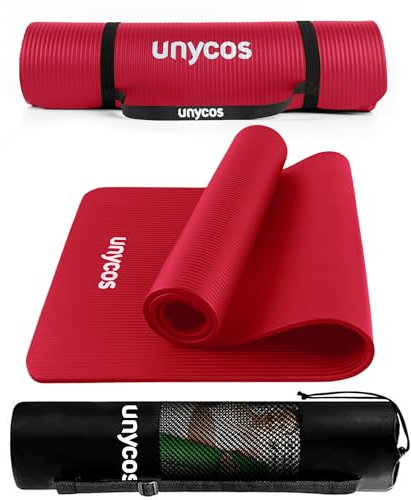 unycos - Gymnastikmatte - Yogamatte Rutschfest【183x60 cm】NBR 10 mm Dicke | Inkl. Tragegurt und E-Book mit Übunge, Sportmatte Ungiftig für Fitness, Pilates & Gym, Home Sport (Rot)