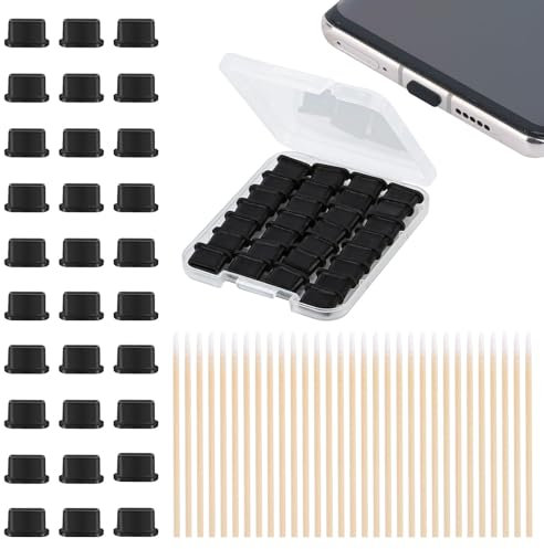 Lot de 30 bouchons anti-poussière USB C avec 20 bâtonnets de nettoyage, étui de protection en silicone, nettoyeur de poussière avec boîtes de rangement pour la plupart des téléphones portables,