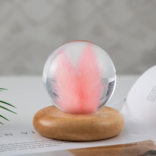 MARZIUS Blumen-Kristallkugel-Nachtlicht, 7 cm Glaskugel-Nachtlampe mit Holzsockel, Dekorationen, Geschenke für Männer, Frauen, Kinder, Jungen, Mädchen, Teenager (Rosa Hasenschwanzgras)