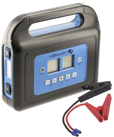 HÖGERT TECHNIK - Autostarter 400A 4in1, Starter mit 8 bar Kompressorfunktion, Eingebaute Taschenlampe, Batteriekapazität 10000 mAh, 2 USB-Eingänge mit Ladefunktion, 2 übersichtliche Displays
