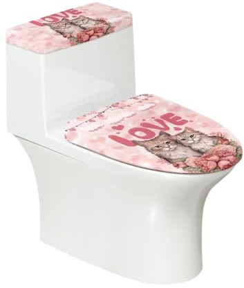 ZUXONGSY Cat Toilet Seat Covers for Bathroom Sets Valentine's Day Toilet Tank Covers Elastic Edges Stretch Washable 2Pcs Toilet Cover Pink Toilet Seat Lid Cover