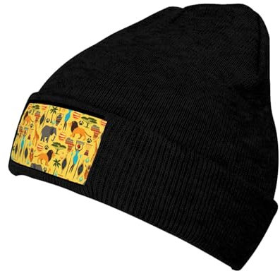 WURTON Interessante modische Beanie-Mütze für Herbst und Winter, Afrika, Elefanten-Druck, warme Mütze, Strickmütze, Schwarz, Einheitsgr��e