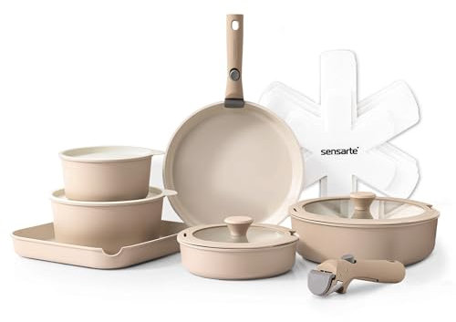 SENSARTE Juego de 17 ollas y sartenes de cerámica, antiadherentes con mango extraíble, utensilios de cocina de inducción con mango extraíble, apto para lavavajillas, color beige