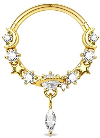 Decentraland 1 Stück 16G Gold Durchmesser 8mm baumelnder Nasen-Septum-Ring aus 316L-Edelstahl mit klarem Planeten-CZ-Klappsegmentring Knorpelohrringe Creolen-Helix-Tragus-Piercing-Schmuck