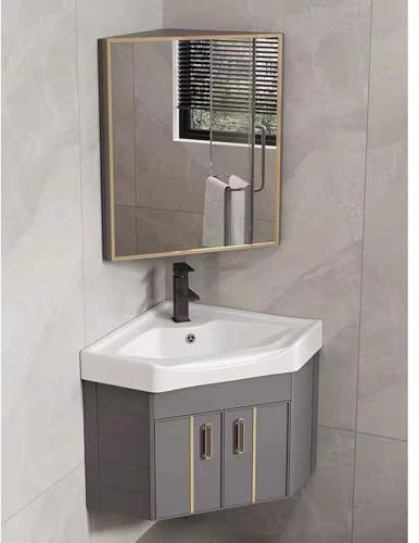 Waschbecken Mit Unterschrank Hängend Badezimmerschrank Mit Spiegel Gäste Wc Waschbecken Mit Unterschrank Eckschrank Mit Keramikwaschbecken & Spiegelschrank, Wandmontiertes Bad-Waschbecken-Set(Color:Gr