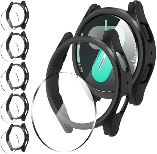 Diruite 5+5 Pack for Samsung Galaxy Watch 7 40mm Case+Screen Protector,Scratch Resistant PC Hollow Shell Cover*5&HD Clear Tempered Glass*5,Black(HD),40mm