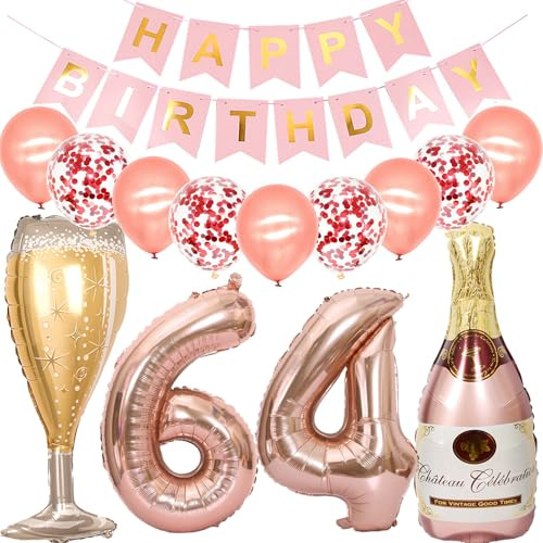 Feelairy Luftballon 64. Geburtstag Deko Frau, Rosegold Folienballon Weinflasche Sektflasche Helium Ballon Champagner Flasche, Girlande Happy Birthday Deko für Geburtstagsdeko 64 Jahre Frauen