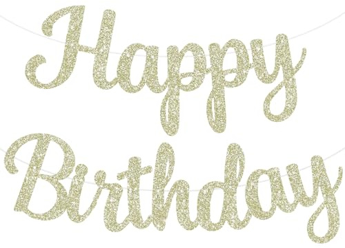 TONIFUL Light Gold Happy Birthday Banner - 10Feet, Pre-Strung Glitter Sign, Garland, Backdrop, Decorations