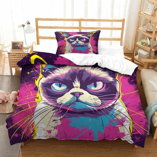 QADDKRTEV Grumpy Cat 3D Gedruckt Blätter Aesthetic 2 Teilig Bettbezug-Sets Mit Kissenbezug Soft Microfaser Luxus Modern Mit Reißverschluss Für Erwachsene Und Kinder Single(135x200cm)