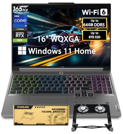 Lenovo Legion 16 WQXGA i9 RTX 4060 Gaming Laptop, 16 WQXGA 165Hz, Intel i9-14900HX, NVIDIA GeForce RTX 4060, 32GB DDR5 RAM, 1TB SSD, W11H, Bundle with PCO Notebook Folding Radiator, Laptop Cooler