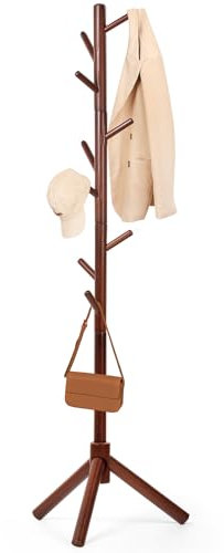 Relquorax Porte-manteaux en bois de hêtre - En forme d'arbre - Avec 9 crochets - 3 réglages de hauteur - Porte-manteaux autonomes - Pour vêtements, chapeaux, écharpes, sacs - Marron