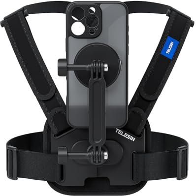TELESIN POV Handy Brusthalterung, Brustgurt Handyhalterung, Körper Halter Chest Mount Zubehör Kompatibel mit iPhone 16 Pro MAX, Brustgurt für Mobiltelefone, Doppelte Verriegelung, Super Stabil