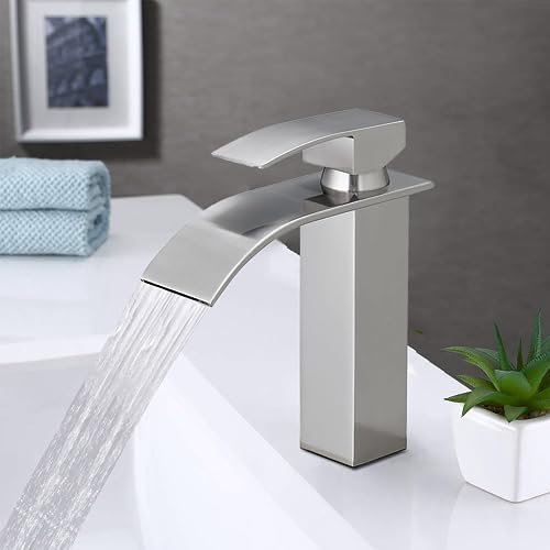XWIHTR Grifo de baño cascada, grifo de lavabo, grifo de lavabo de un mango; boca caliente y fría, silencioso; grifo de baño de latón de acero inoxidable (cepillado)
