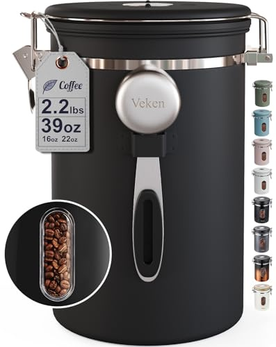 Veken Coffee Canister with Window, 39OZ Large Airtight Stainless Steel Jars | Kitchen Food Storage Pantry Container for 2.2lbs Beans,Ground,Espresso,Rice,Tea,Sugar,Bar Accessories,Gifts,Lids, Scoop,Black