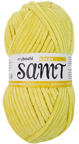 myboshi Samt Wolle zum Häkeln und Stricken, weiche Chenille Wolle im XXL-Knäuel, perfekt für Amigurumi und Kissen, 100% flauschige Polyester, 100g, Ll 100m Gelb (Küken), 1 Knäuel