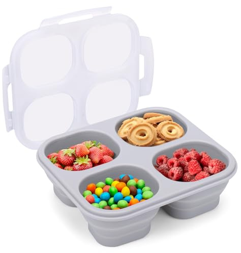 Mity rain Collapsible & Reusable Snack Containers with Lids - 4 Compartments Silicone Snack Containers Leakproof & Airtight Food Storage Box for Travel, Office, Picnic
