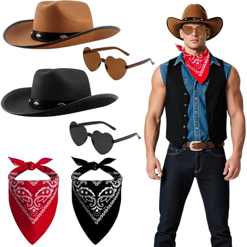 Saier tbo 6 Stück Western Cowboyhüte Accessoire Set,Cowboy Kostüm Zubehör Kit mit Hut Brille Quadratischer Schal für Damen Herren Halloween Karneval Partys