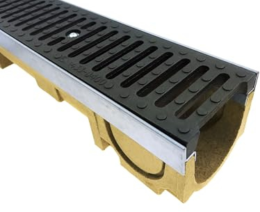 Entwässerungsrinne aus Polymerbeton, Kunststoffabdeckrost Stegrost, Stahlzarge, Klasse D-400, befahrbar. Höhe 11,7 cm, Länge 50 cm, seitliche Anschluss. Effiziente Entwässerung, langlebig und robust.
