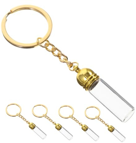 FOMIYES Porte-clés Flacon Parfum Verre Transparent, Lot de 5 Pendentifs Mini Bouteilles en Verre Bouchon Doré, Accessoire Créatif pour Femme, Décoration Suspendue Soi-même, Grand Format