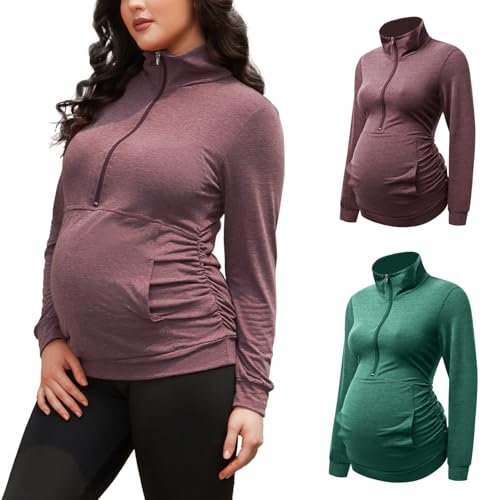 GINKANA Umstands-Damen-Langarmshirt, halber Reißverschluss, Revers, leicht, lässig, Umstandspullover mit Taschen, Burgunderrot + Grün, X-Groß