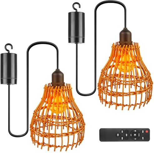 GBKDQQ 2x Hängeleuchte Rattan mit Fernbedienung, Hängelampe Outdoor Boho Lampe IP65 Wasserdicht-Hängeleuchte, für Innen Außen Garten Balkon(Batterien nicht im Lieferumfang enthalten)
